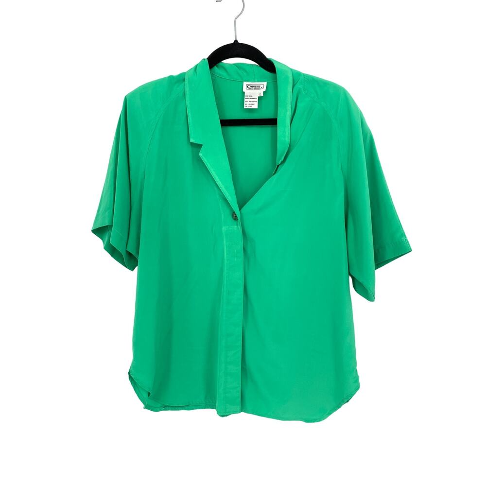 Vintage 80s Campus Casuals Blouse Womens Large Short Sleeve Bright Green